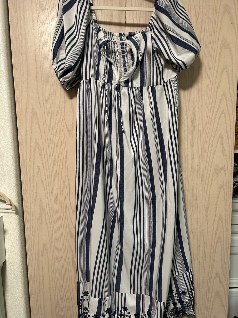 Striped Navy and White Maxi Dress with Puff Sleeves